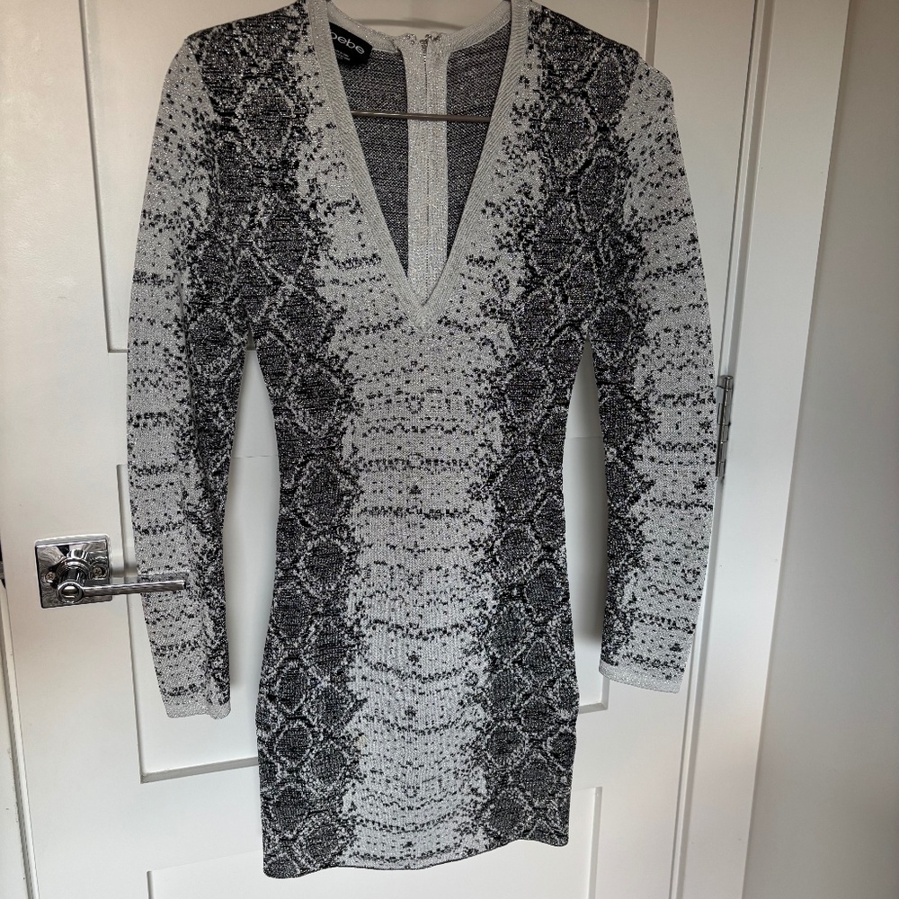 Bebe Silver Sequin Long Sleeve Bodycon Mini Dress